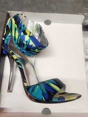 Icora Stylish Blue & Green Printed Ankle-Wrap Stiletto Sandals, Size 7, New